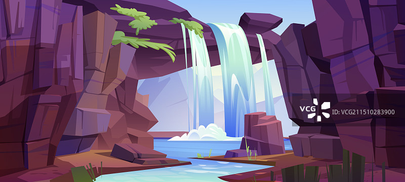 夏季风景：岩石山脉与瀑布图片素材