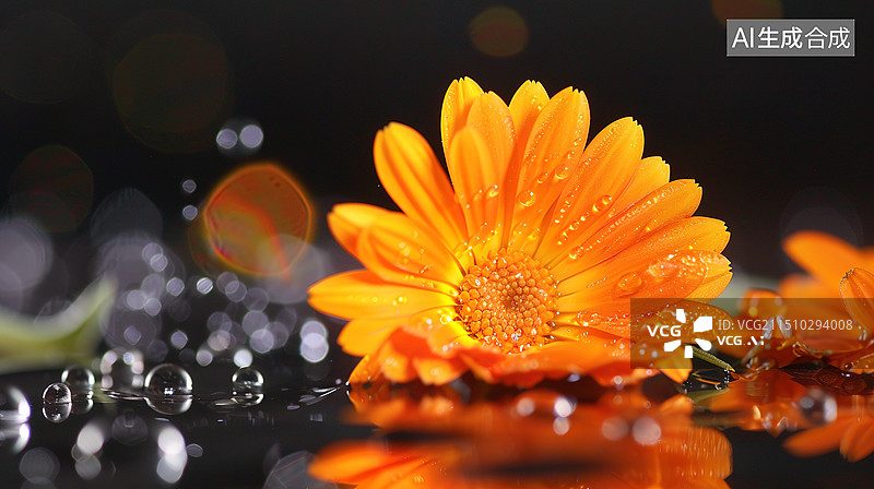 【AI数字艺术】黑色石板上的金盏花与露水图片素材
