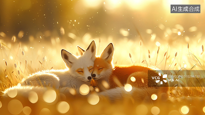 【AI数字艺术】两只狐狸在秋天的金色草原上睡觉图片素材
