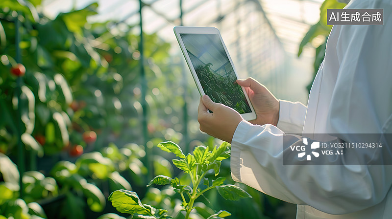 【AI数字艺术】科学家使用现代化设备监测温室大棚蔬菜生长情况图片素材