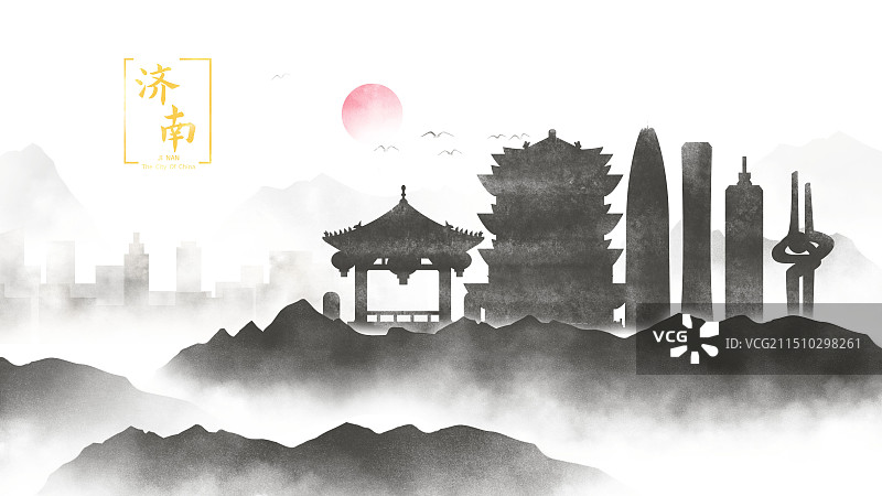 中国风济南水墨城市黑白山水文化诗意水墨画剪影图片素材