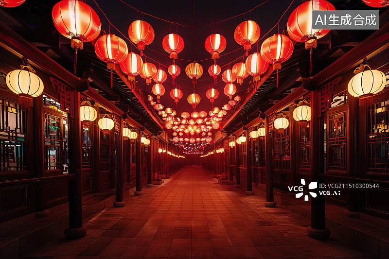 【AI数字艺术】春节期间挂满红色灯笼的中国古代建筑弄堂图片素材