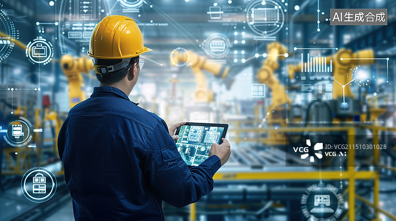 【AI数字艺术】现代化工厂车间工人利用智能化设备控制机械臂工作场景——新质生产力概念图片素材