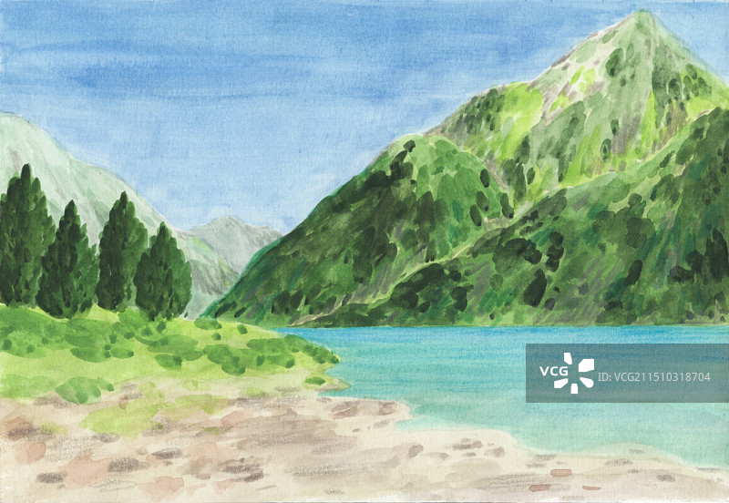 水彩手绘风景插画高山湖泊图片素材