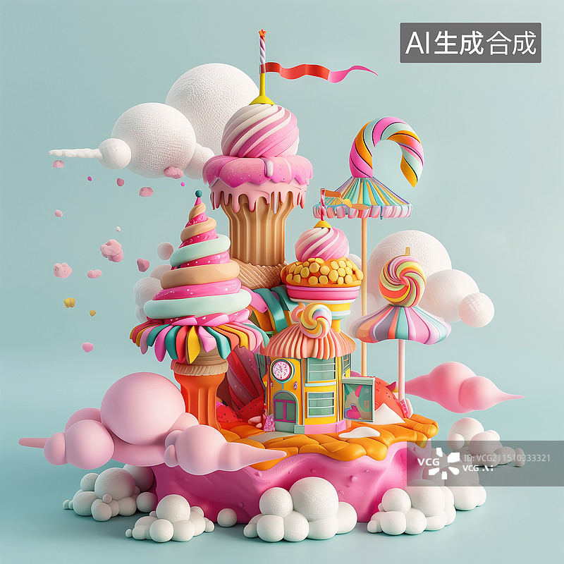 【AI数字艺术】3D风格糖果色云朵城堡插画 马卡龙色展图片素材