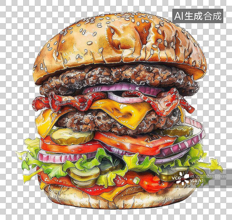 【AI数字艺术】美味汉堡，双层牛肉汉堡 快餐插画元素图片素材