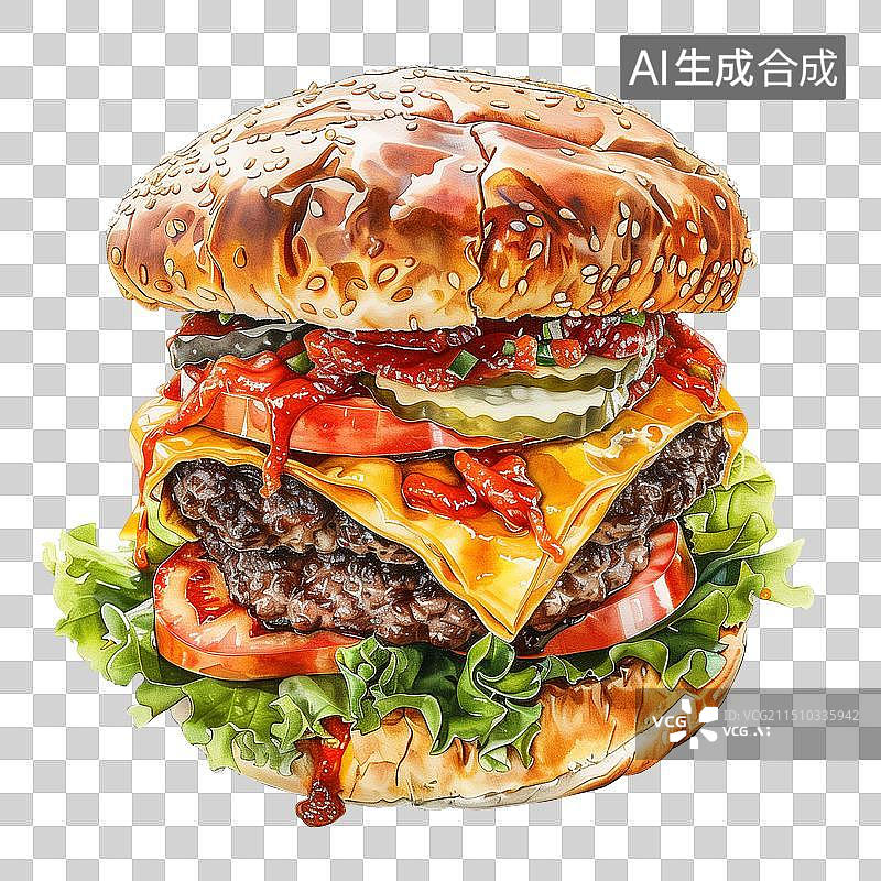 【AI数字艺术】美味汉堡，双层牛肉汉堡 快餐插画元素图片素材