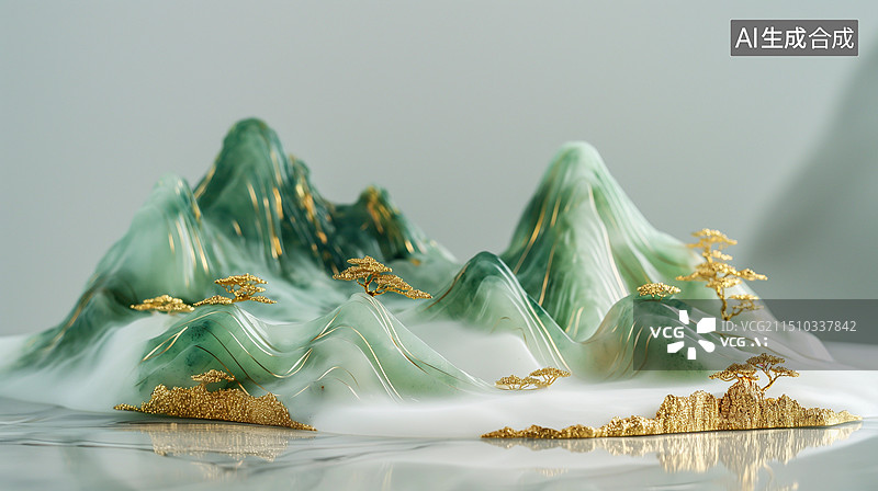 【AI数字艺术】中国风3D立体玉石质感鎏金山水画图片素材