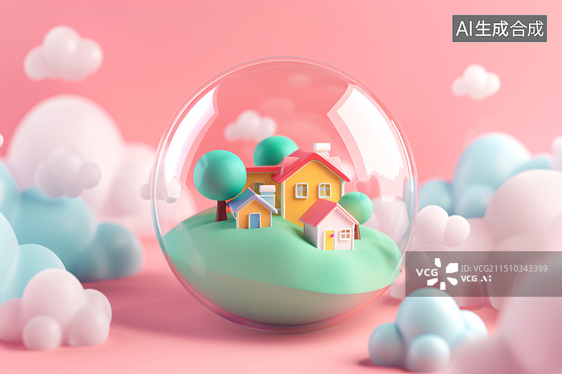 【AI数字艺术】3D房地产建筑财产保险住宅投资商业插画图片素材