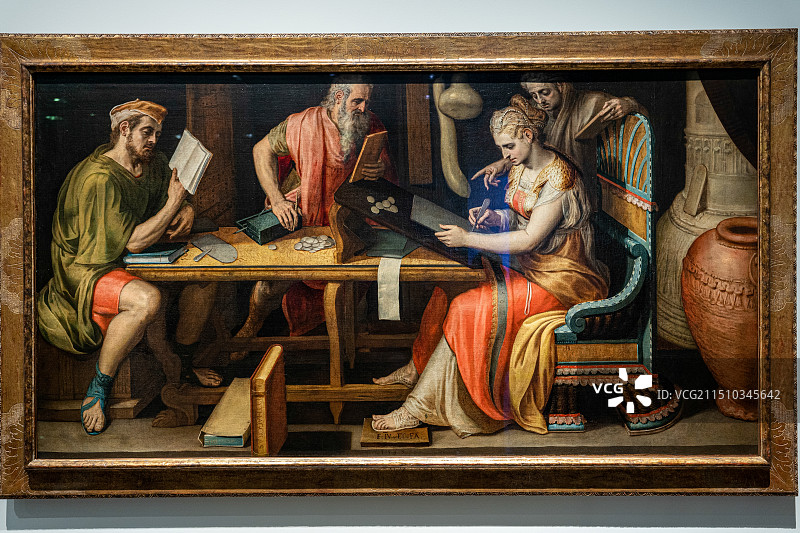 阿联酋阿布扎比卢浮宫重要藏品——1557年比利时安特卫普画家弗朗斯·弗洛里斯木板油画《算数的寓言》图片素材