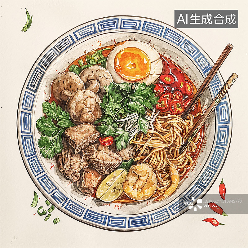 【AI数字艺术】筷子搅拌着一碗面条插画 西红柿鸡蛋面 一碗米粉，米线，螺蛳粉，炸酱面 热干面 担担面，麻辣小面图片素材