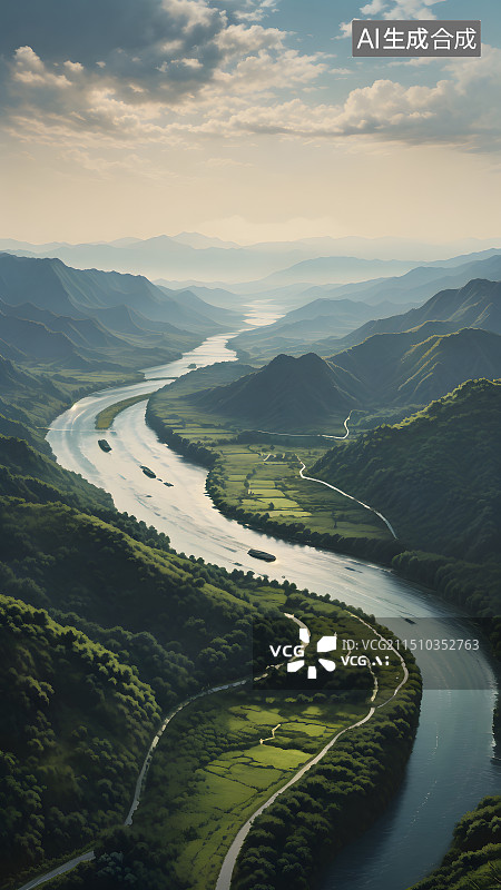 【AI数字艺术】山川峡谷内的河流，蜿蜒曲折的河流图片素材
