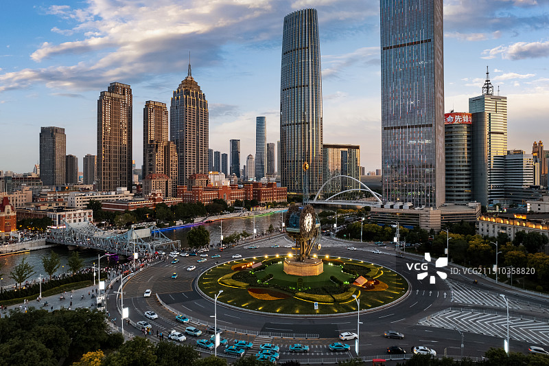 天津世纪钟广场海河城市风光夜景航拍图片素材