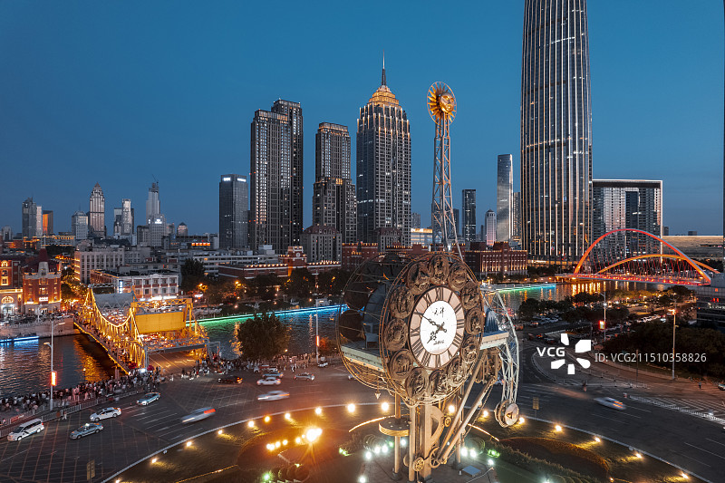 天津世纪钟广场海河城市风光夜景航拍图片素材