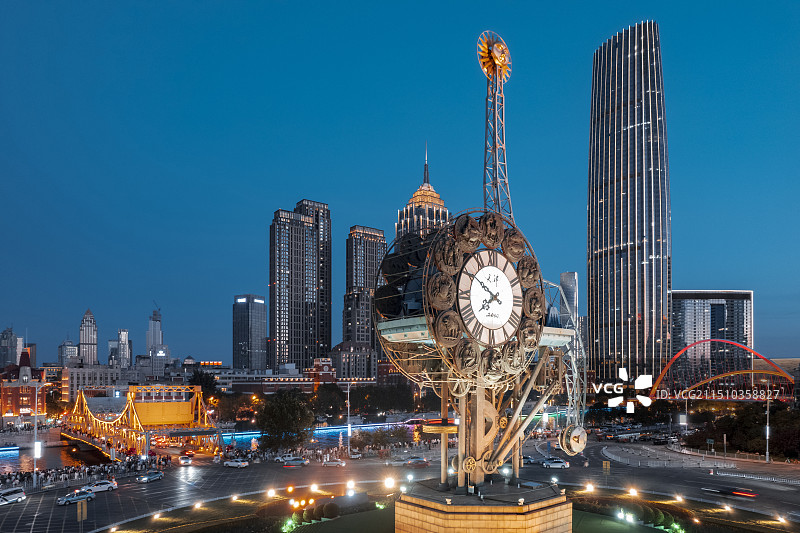 天津世纪钟广场海河城市风光夜景航拍图片素材