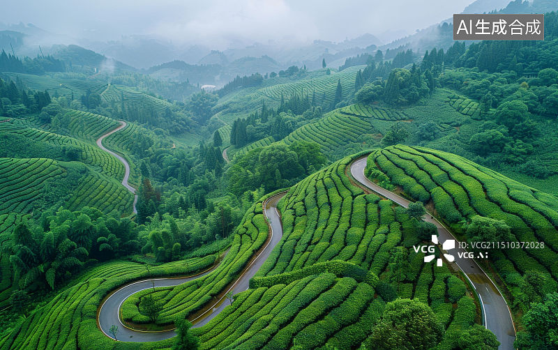【AI数字艺术】山地茶园鸟瞰图Aerial View of a Mountain Tea Garden图片素材