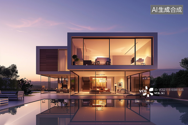 【AI数字艺术】夕阳下带有游泳池的别墅图片素材