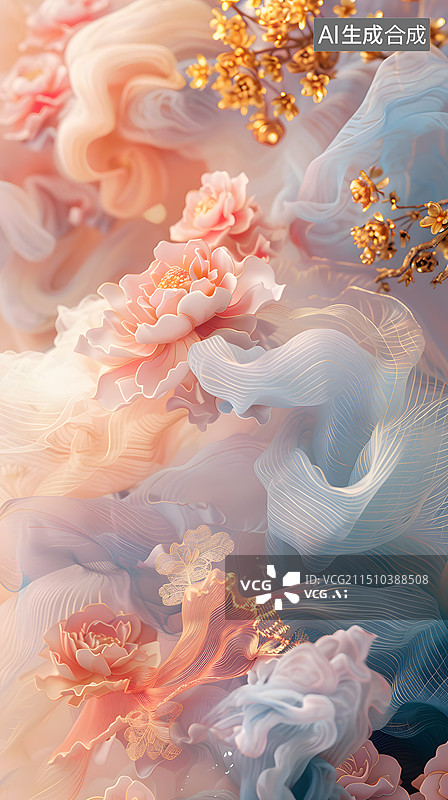 【AI数字艺术】中国风刺绣薄纱风景背景图片素材