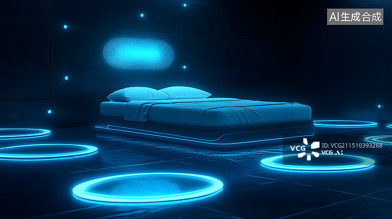 【AI数字艺术】科幻未来感光环围绕的智能床图片素材