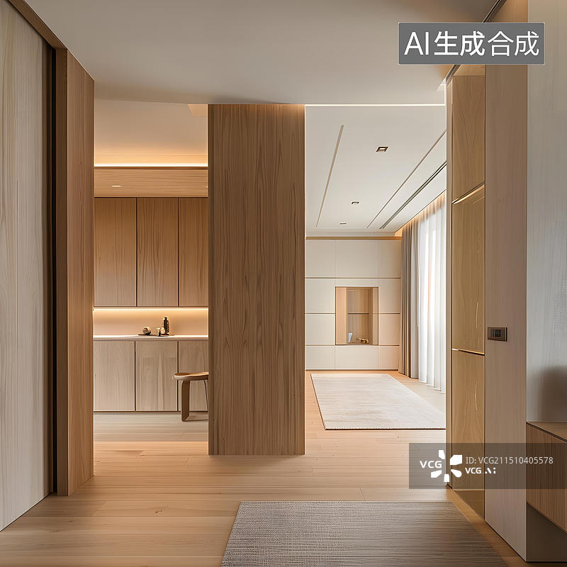 【AI数字艺术】现代简约木质走廊室内设计图片素材
