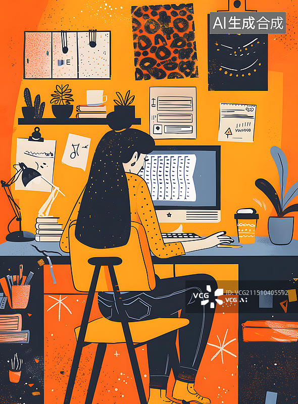 【AI数字艺术】橙色和黄色装饰的办公室里，一名女性坐在电脑前工作图片素材