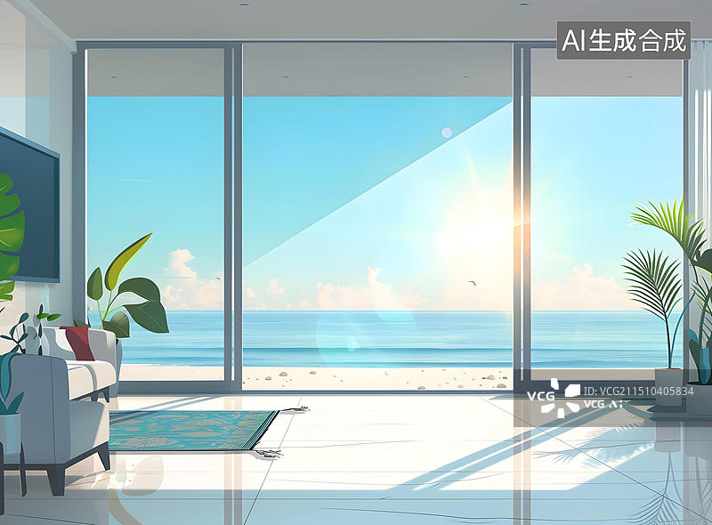 【AI数字艺术】海景客厅，落地窗，阳光明媚图片素材
