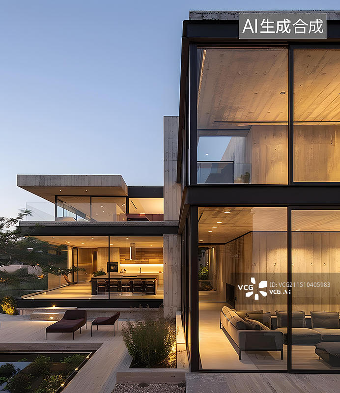 【AI数字艺术】现代混凝土住宅，大型玻璃窗和户外庭院图片素材