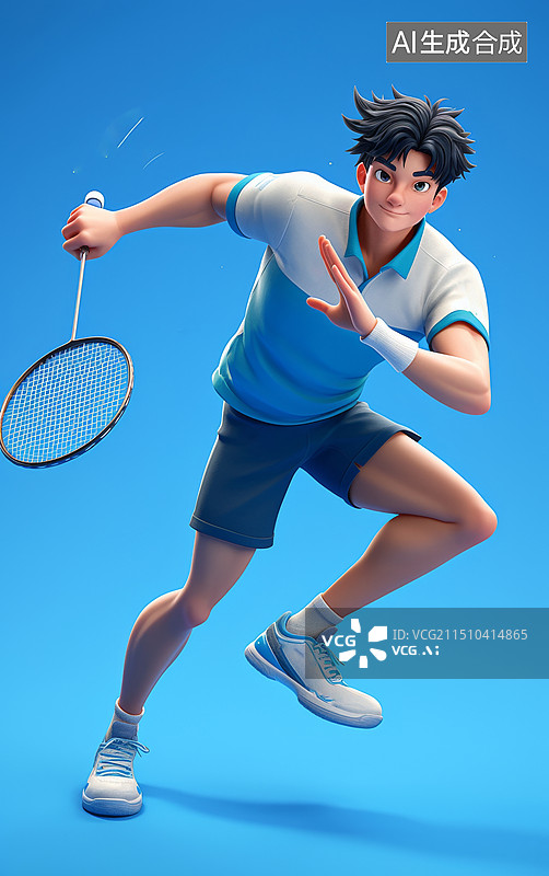 【AI数字艺术】男子单打羽毛球运动员3D人物插画图片素材
