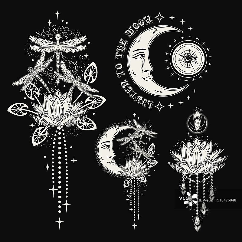 带有蜻蜓莲花月亮的神秘标签图片素材