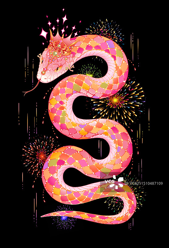 蛇年被烟花围绕的粉色华丽大蛇图片素材