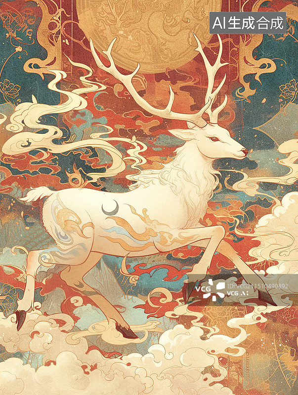 【AI数字艺术】金色背景下的敦煌壁画九色鹿插画图片素材