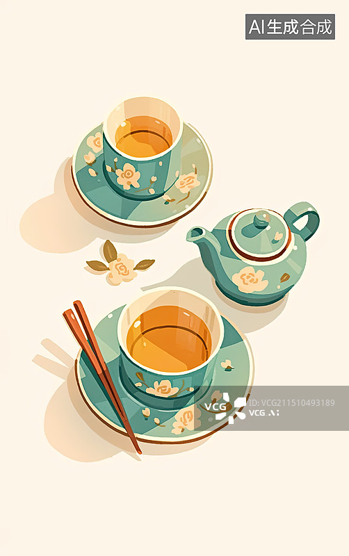 【AI数字艺术】卡通茶壶凉茶，茶杯中国茶，绿茶插画背景图片素材