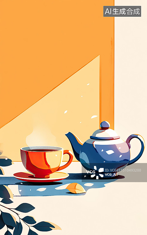 【AI数字艺术】卡通茶壶凉茶，茶杯中国茶，绿茶插画背景图片素材