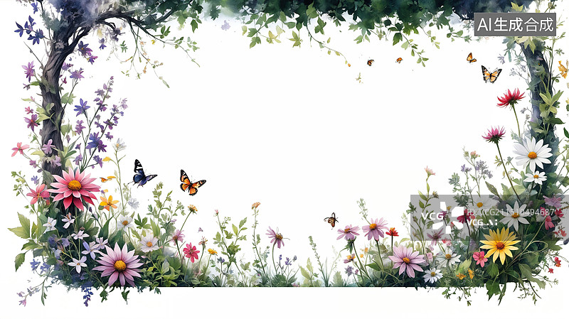 【AI数字艺术】梦幻花园：蝶舞花间的大树秘境图片素材
