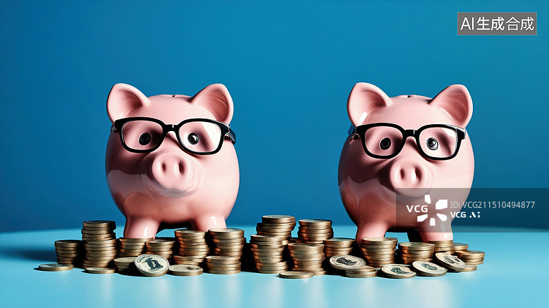 【AI数字艺术】储蓄乐趣：粉红小猪储蓄罐与硬币堆图片素材