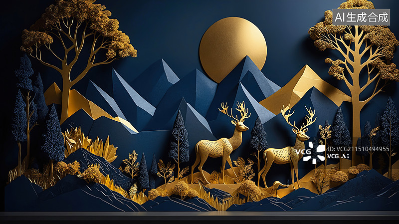 【AI数字艺术】深林秘境中的金色鹿群图片素材