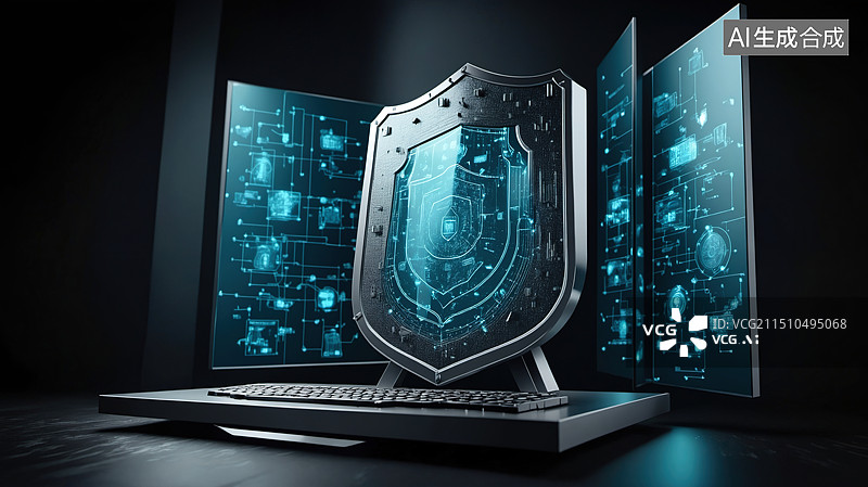【AI数字艺术】科技安全笔记本与蓝色盾牌图标图片素材