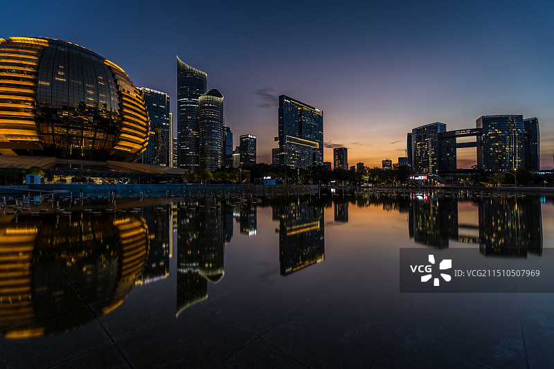 杭州 钱江新城 市民中心 洲际酒店大金球 绝美晚霞 长曝光图片素材