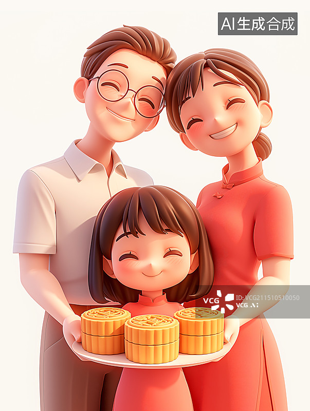 【AI数字艺术】中秋节一家三口拿着月饼庆祝图片素材