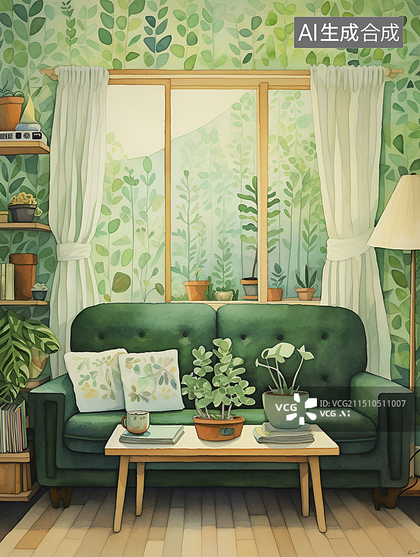 【AI数字艺术】客厅插画图片素材
