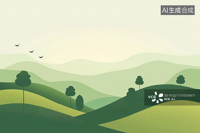 【AI数字艺术】扁平风绿色起伏的山丘上的树风景插画图片素材
