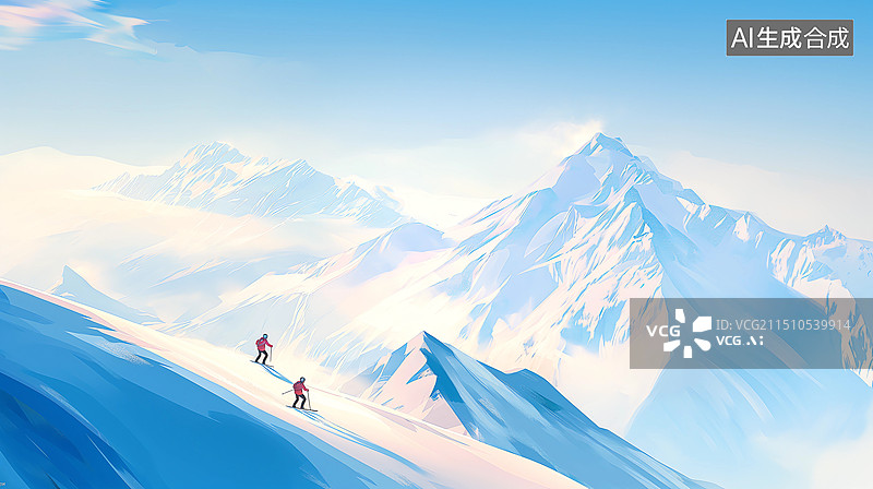 【AI数字艺术】冬季冰雪运动主题插画——冬天在高山滑雪场化学图片素材