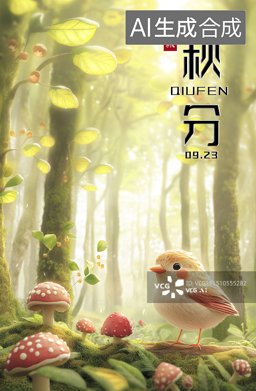 【AI数字艺术】秋分节气插画，小鸟在秋天森林中，二十四节气插画图片素材