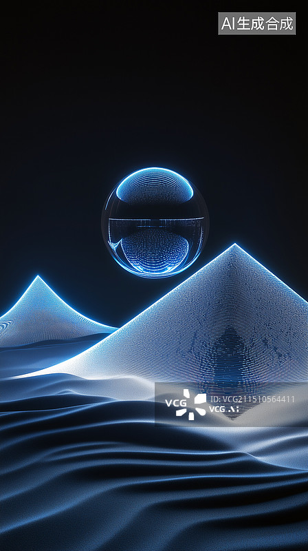 【AI数字艺术】科幻科技暗色地面的棱锥体球体3D立体插画图片素材