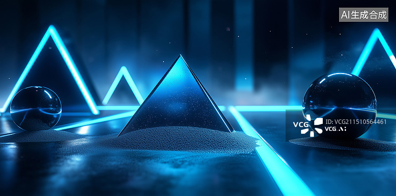 【AI数字艺术】科幻科技暗色地面的棱锥体球体3D立体插画图片素材