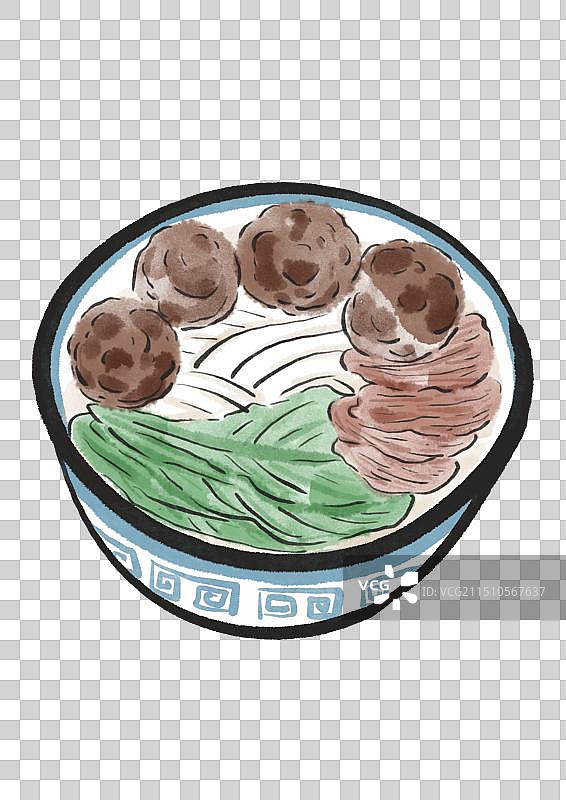 水墨风潮汕美食插画元素-牛肉粿条图片素材