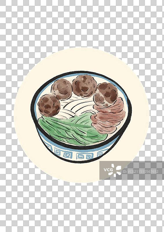 水墨风潮汕美食插画元素-牛肉粿条图片素材