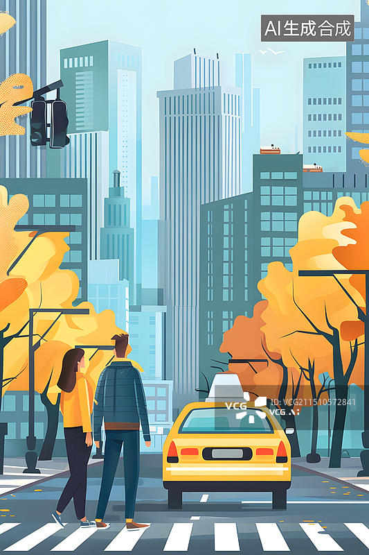 【AI数字艺术】城市街道上，一对情侣正在过马路，一辆黄色的出租车在后面图片素材