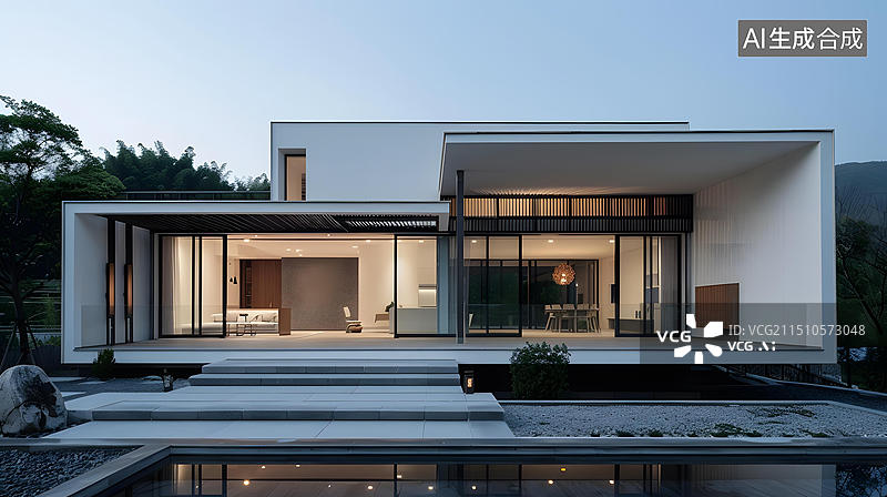 【AI数字艺术】现代简约风格带游泳池的住宅图片素材