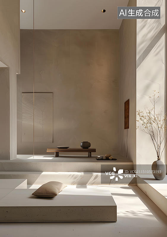 【AI数字艺术】极简主义的室内设计，米色墙壁和水泥地板图片素材